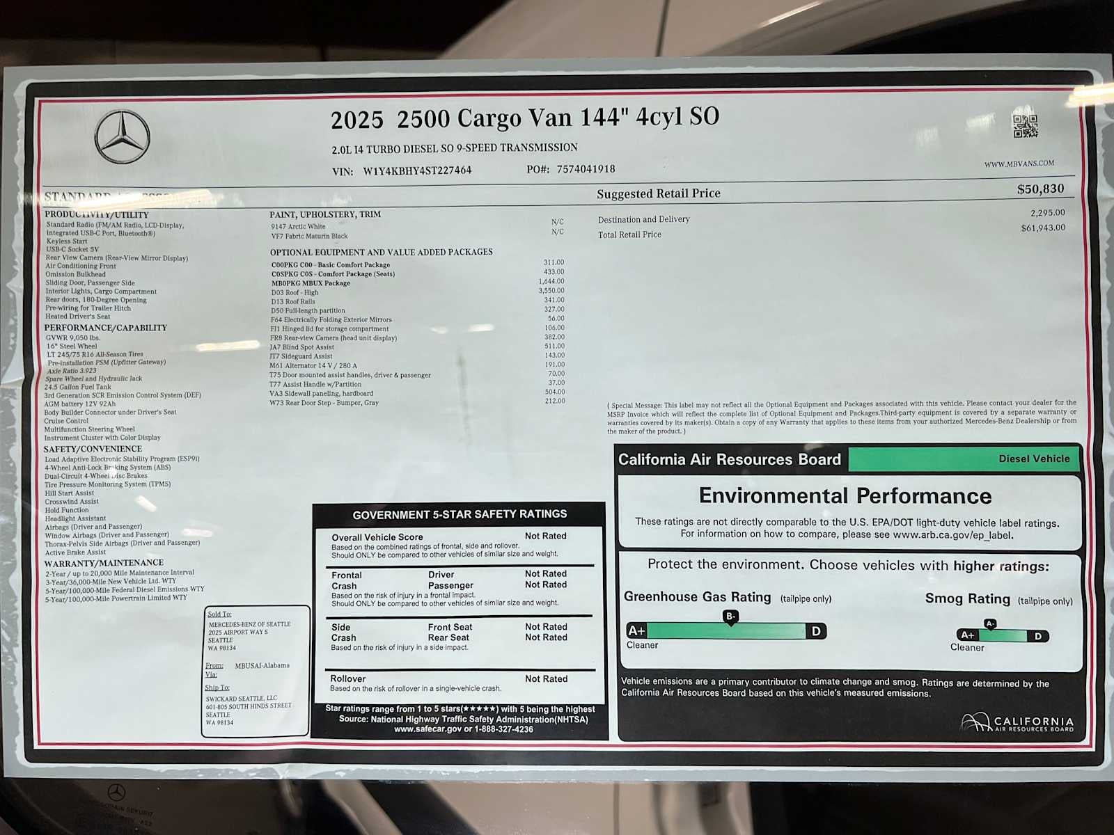 2025 Mercedes-Benz Sprinter 2500 Standard Roof I4 Diesel 144" RWD
