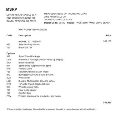 2017 Mercedes-Benz E 300 RWD Sedan