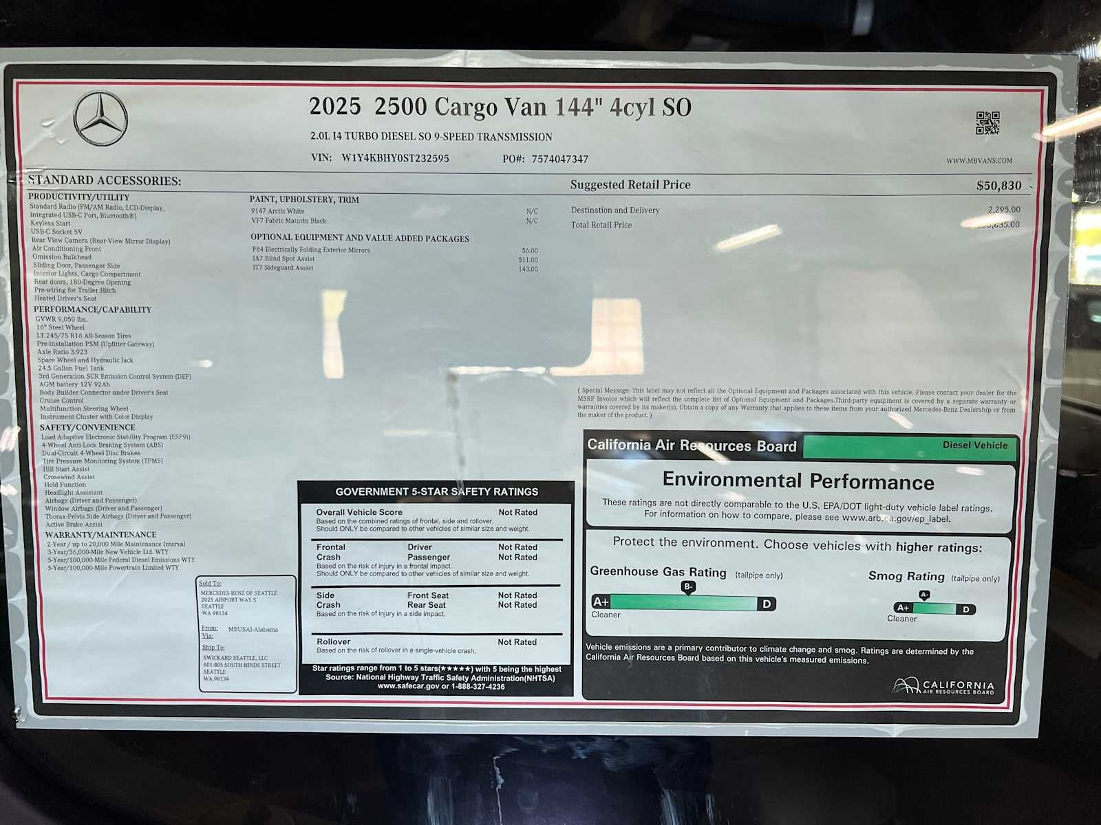 2025 Mercedes-Benz Sprinter Cargo Van 2500 Standard Roof I4 Diesel 144 RWD