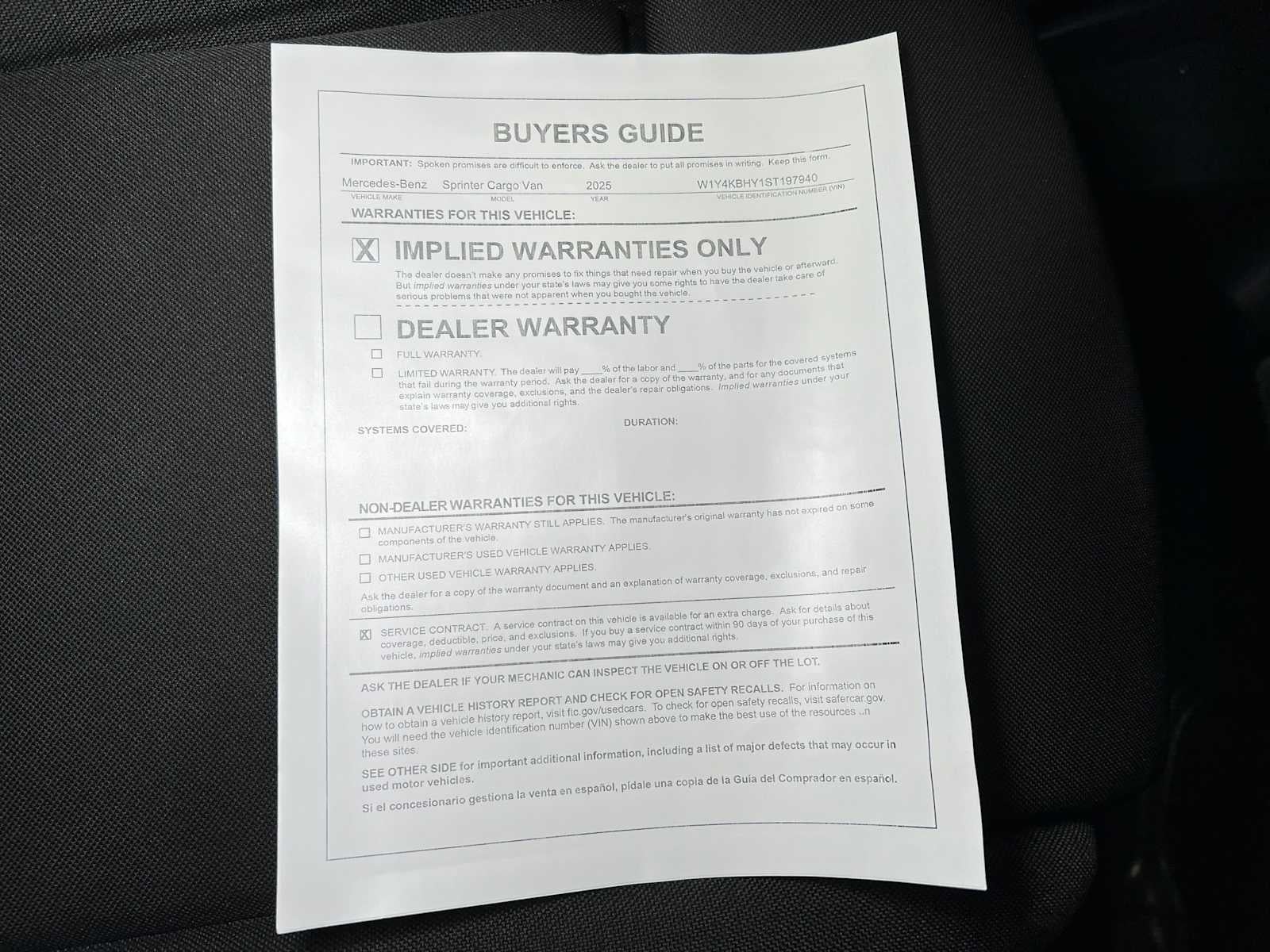 2025 Mercedes-Benz Sprinter Cargo Van 2500 Standard Roof I4 Diesel 144" RWD