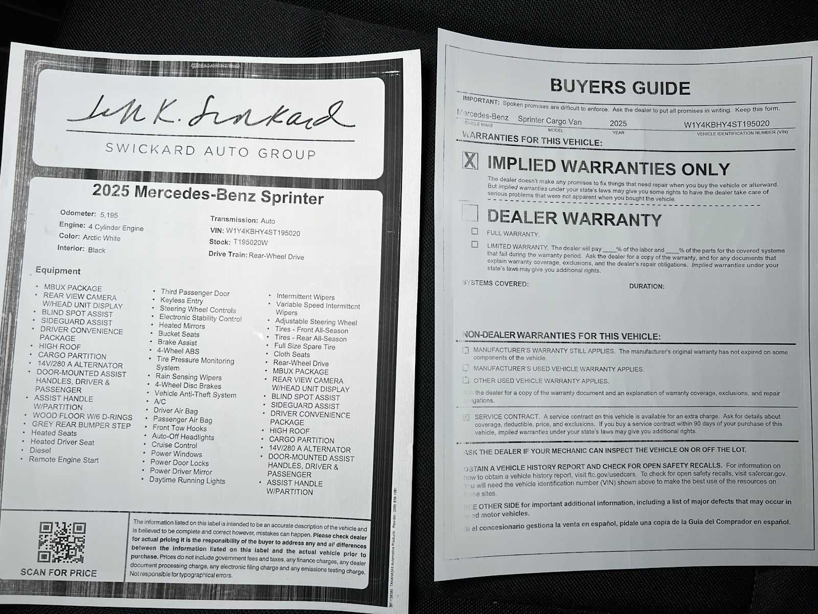 2025 Mercedes-Benz Sprinter Cargo Van 2500 Standard Roof I4 Diesel 144" RWD