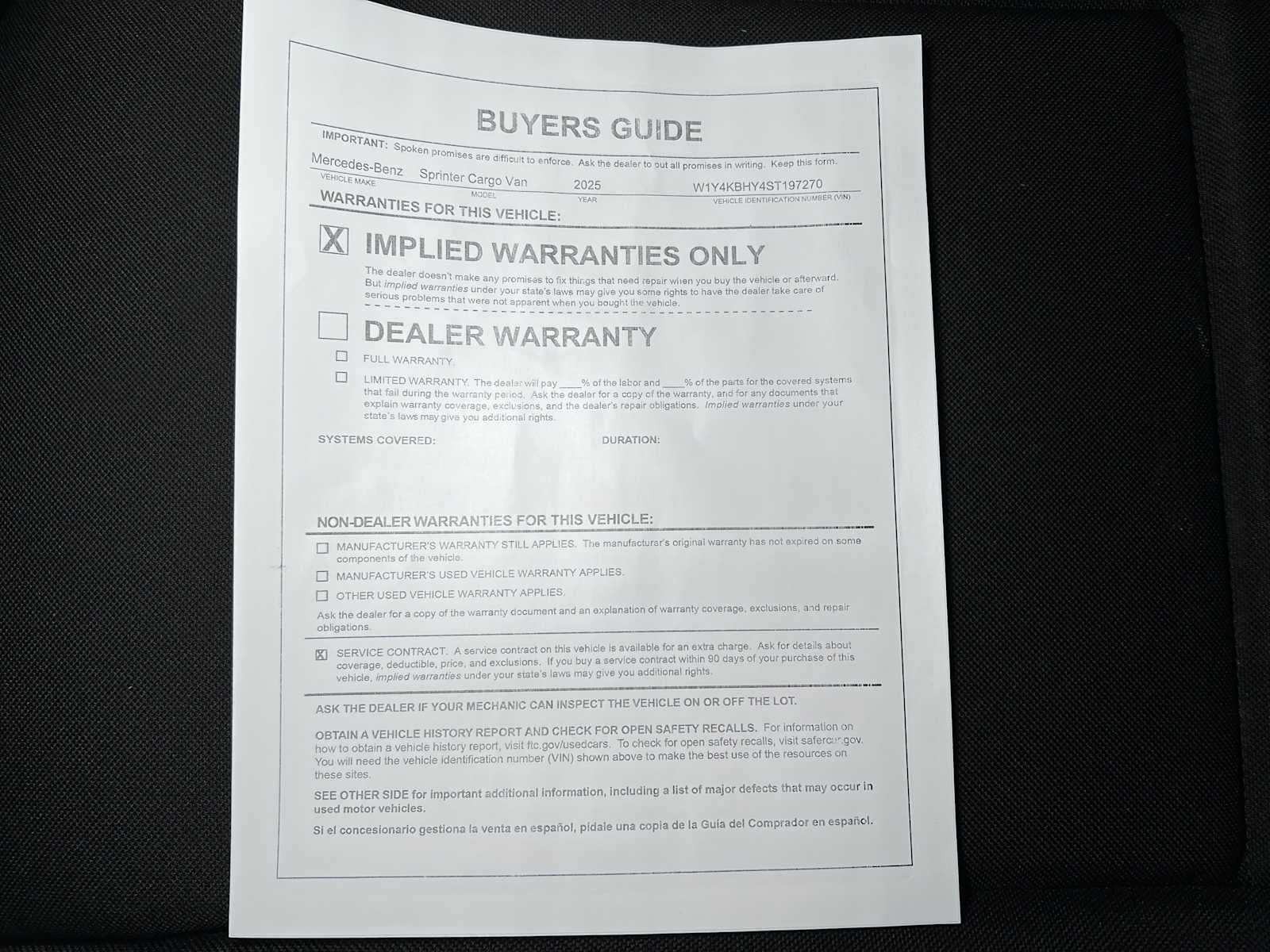 2025 Mercedes-Benz Sprinter Cargo Van 2500 Standard Roof I4 Diesel 144 RWD