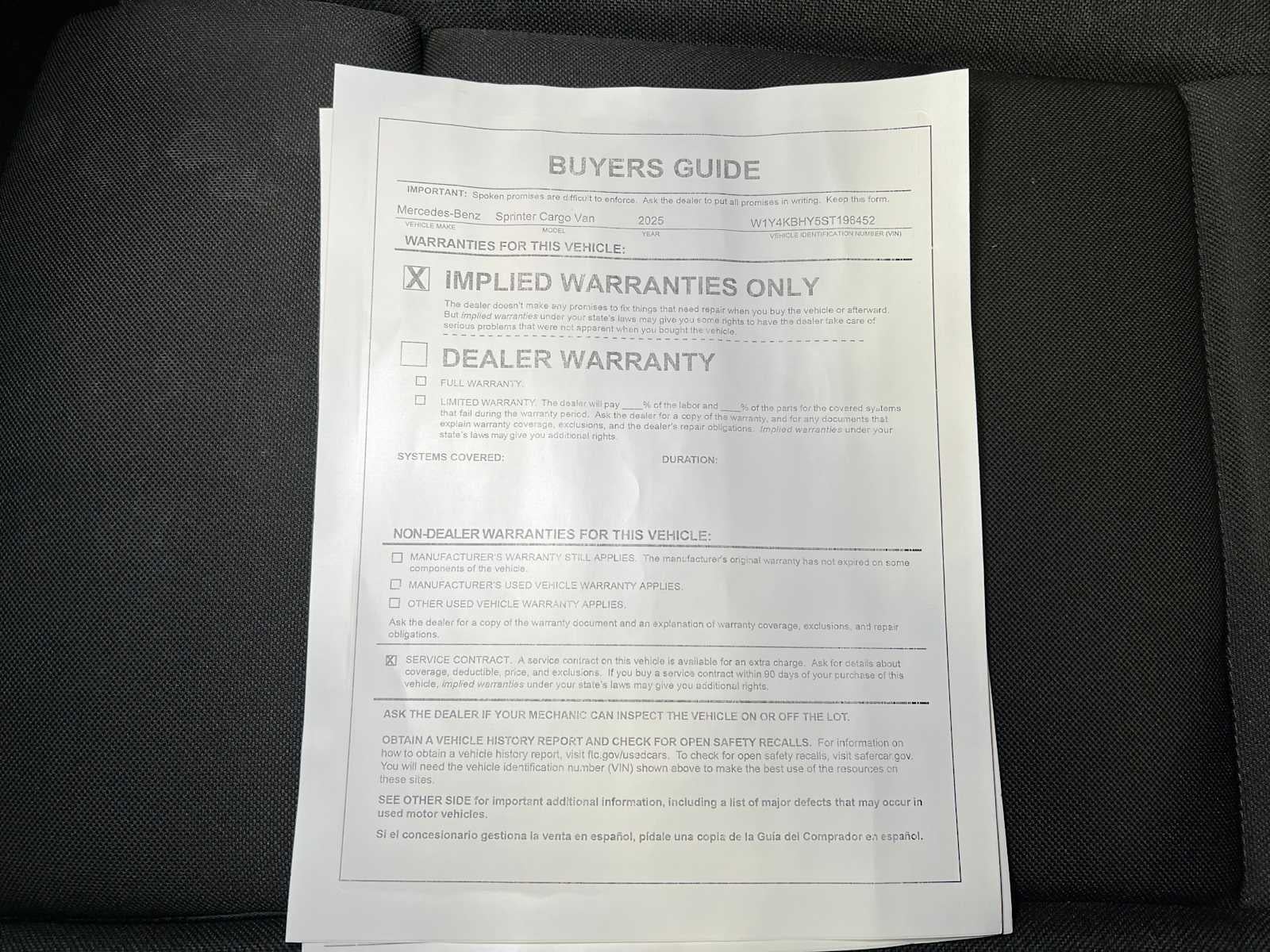 2025 Mercedes-Benz Sprinter Cargo Van 2500 Standard Roof I4 Diesel 144 RWD