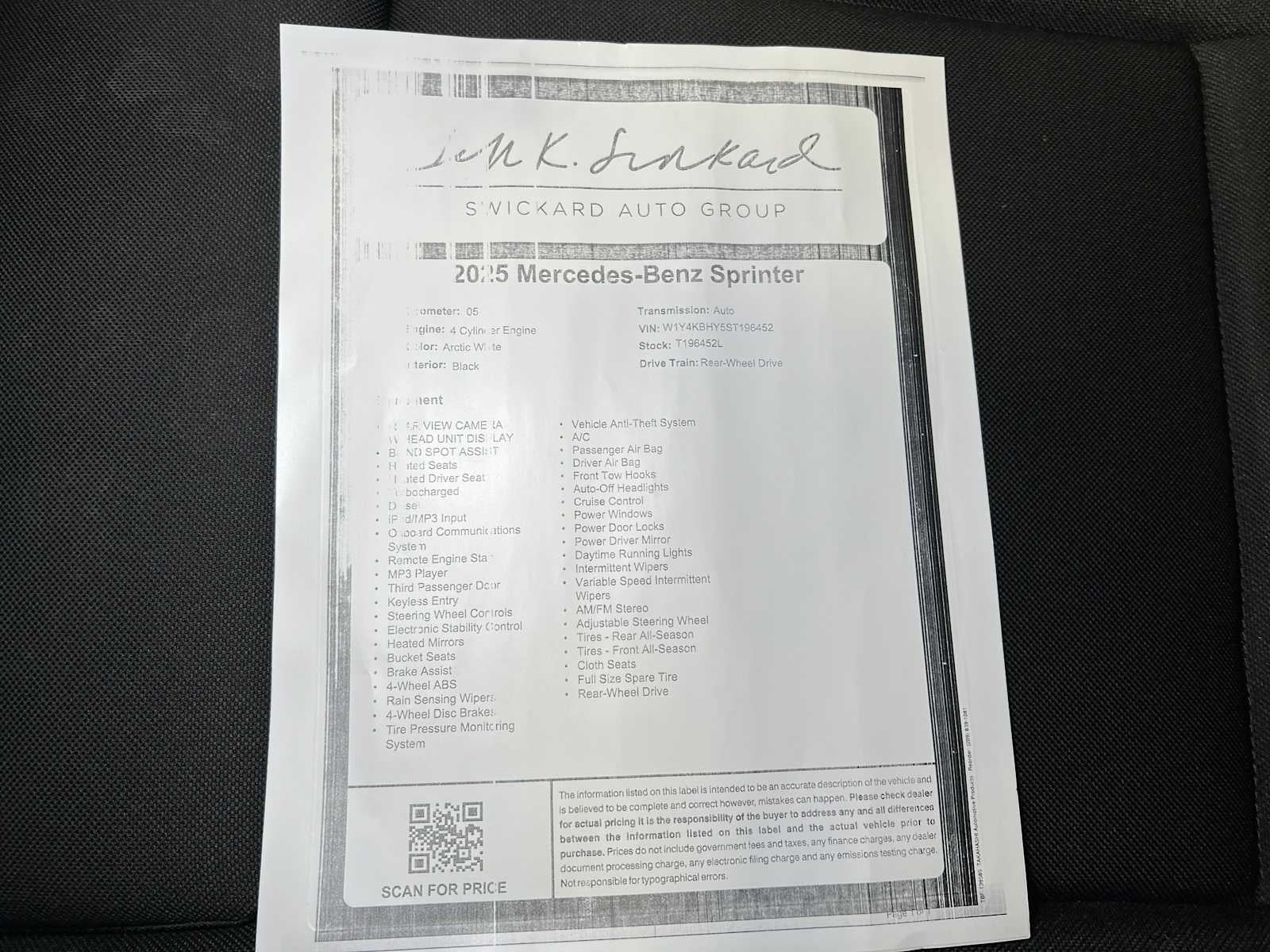 2025 Mercedes-Benz Sprinter Cargo Van 2500 Standard Roof I4 Diesel 144 RWD