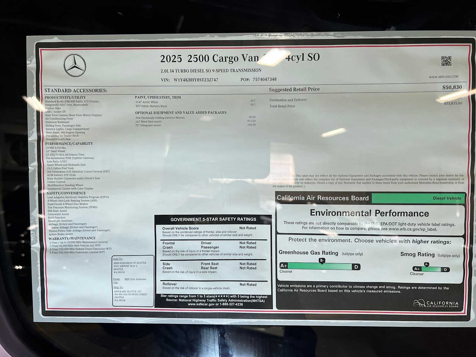 2025 Mercedes-Benz Sprinter Cargo Van 2500 Standard Roof I4 Diesel 144 RWD