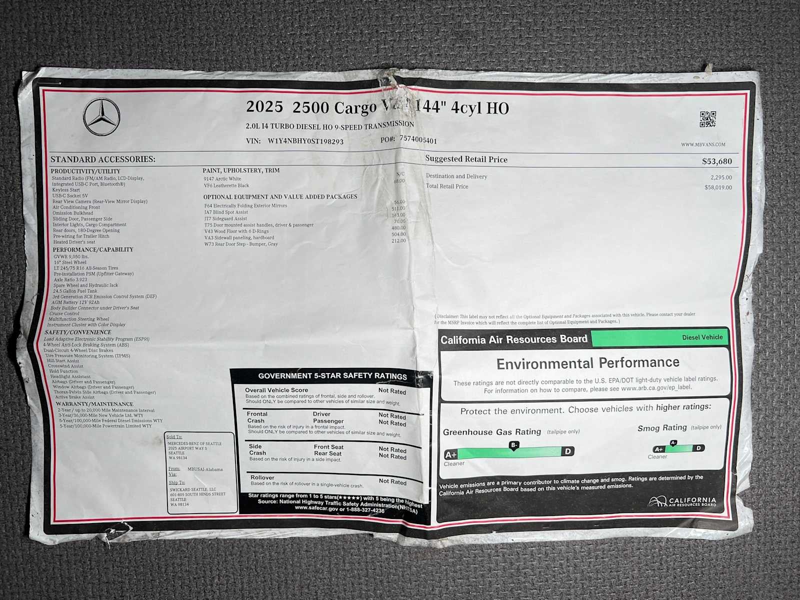 2025 Mercedes-Benz Sprinter Cargo Van 2500 Standard Roof I4 Diesel HO 144 RWD