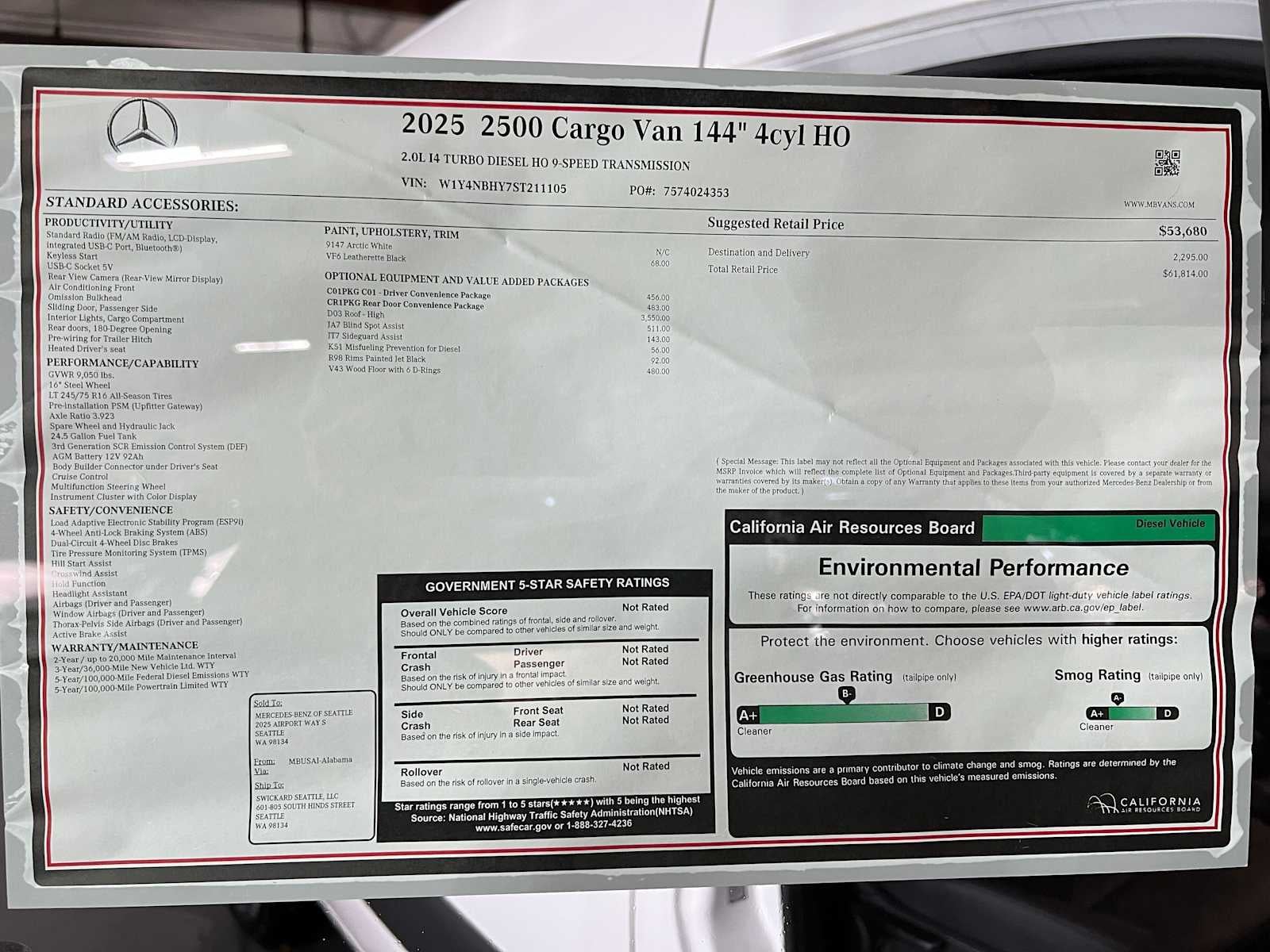2025 Mercedes-Benz Sprinter Cargo Van 2500 Standard Roof I4 Diesel HO 144" RWD