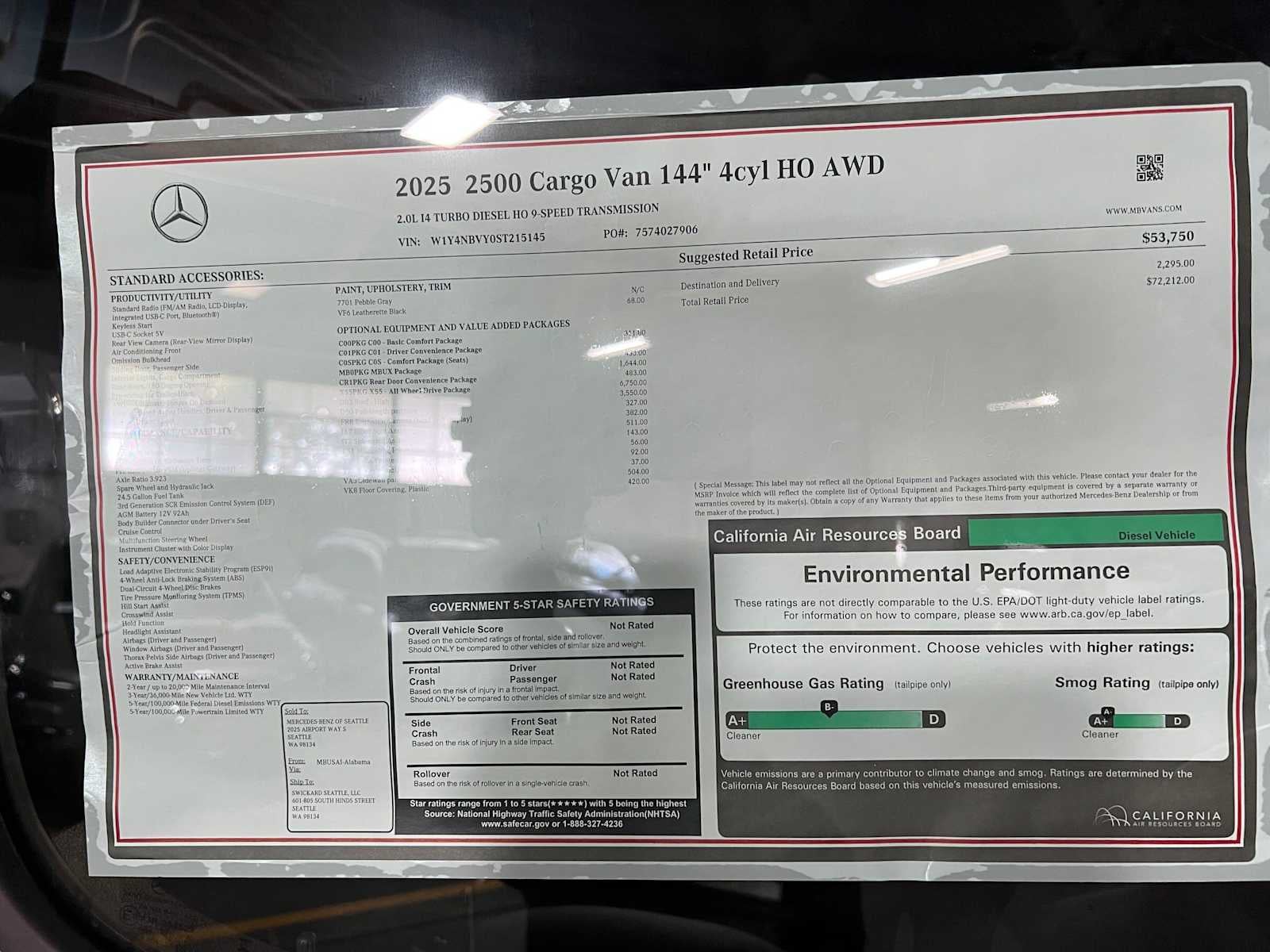 2025 Mercedes-Benz Sprinter Cargo Van 2500 Standard Roof I4 Diesel HO 144 AWD