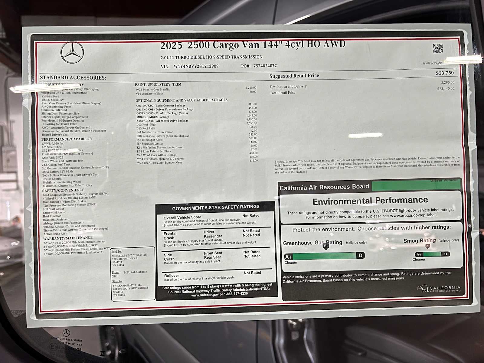 2025 Mercedes-Benz Sprinter Cargo Van 2500 Standard Roof I4 Diesel HO 144 AWD