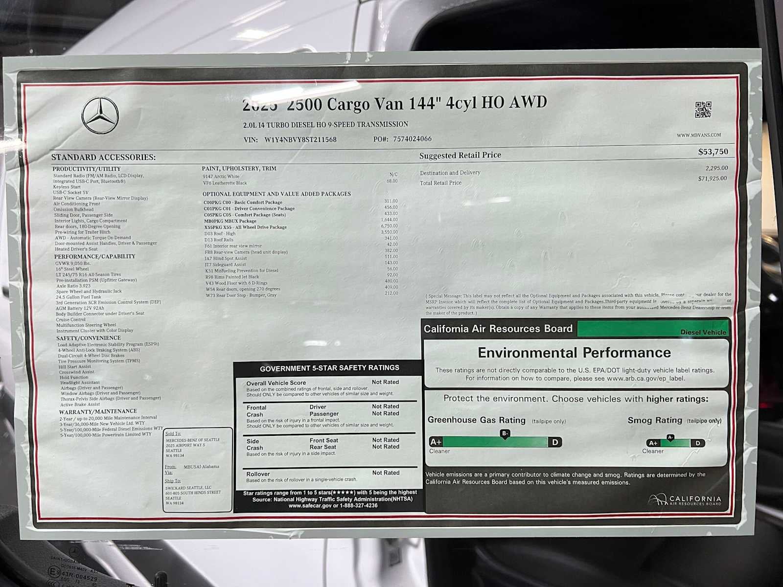 2025 Mercedes-Benz Sprinter Cargo Van 2500 Standard Roof I4 Diesel HO 144 AWD