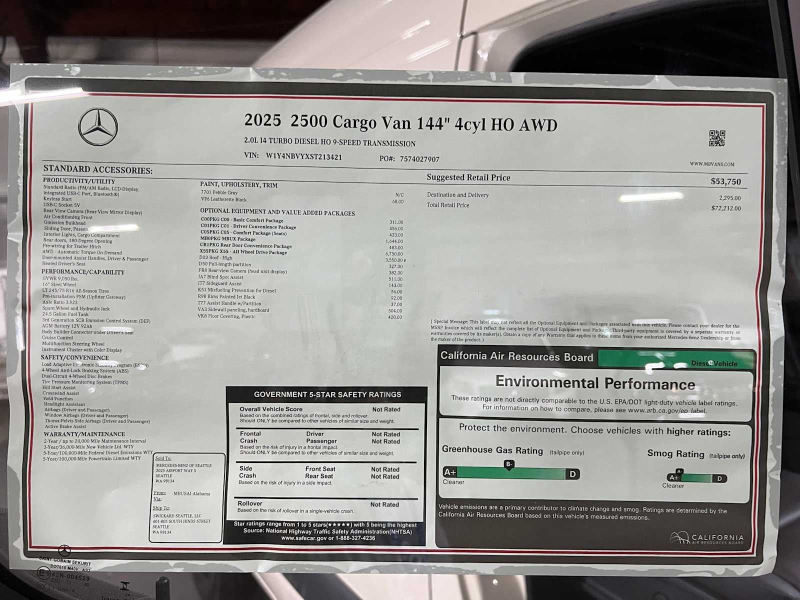 2025 Mercedes-Benz Sprinter Cargo Van 2500 Standard Roof I4 Diesel HO 144 AWD