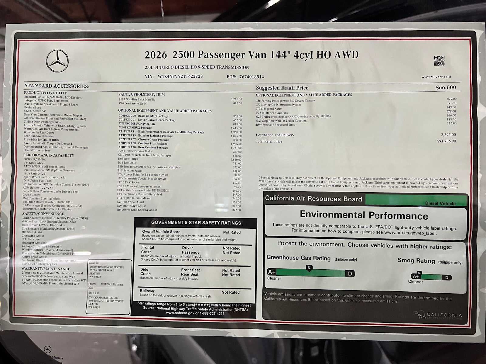 2026 Mercedes-Benz Sprinter Passenger Van 2500 Standard Roof I4 Diesel HO 144 AWD