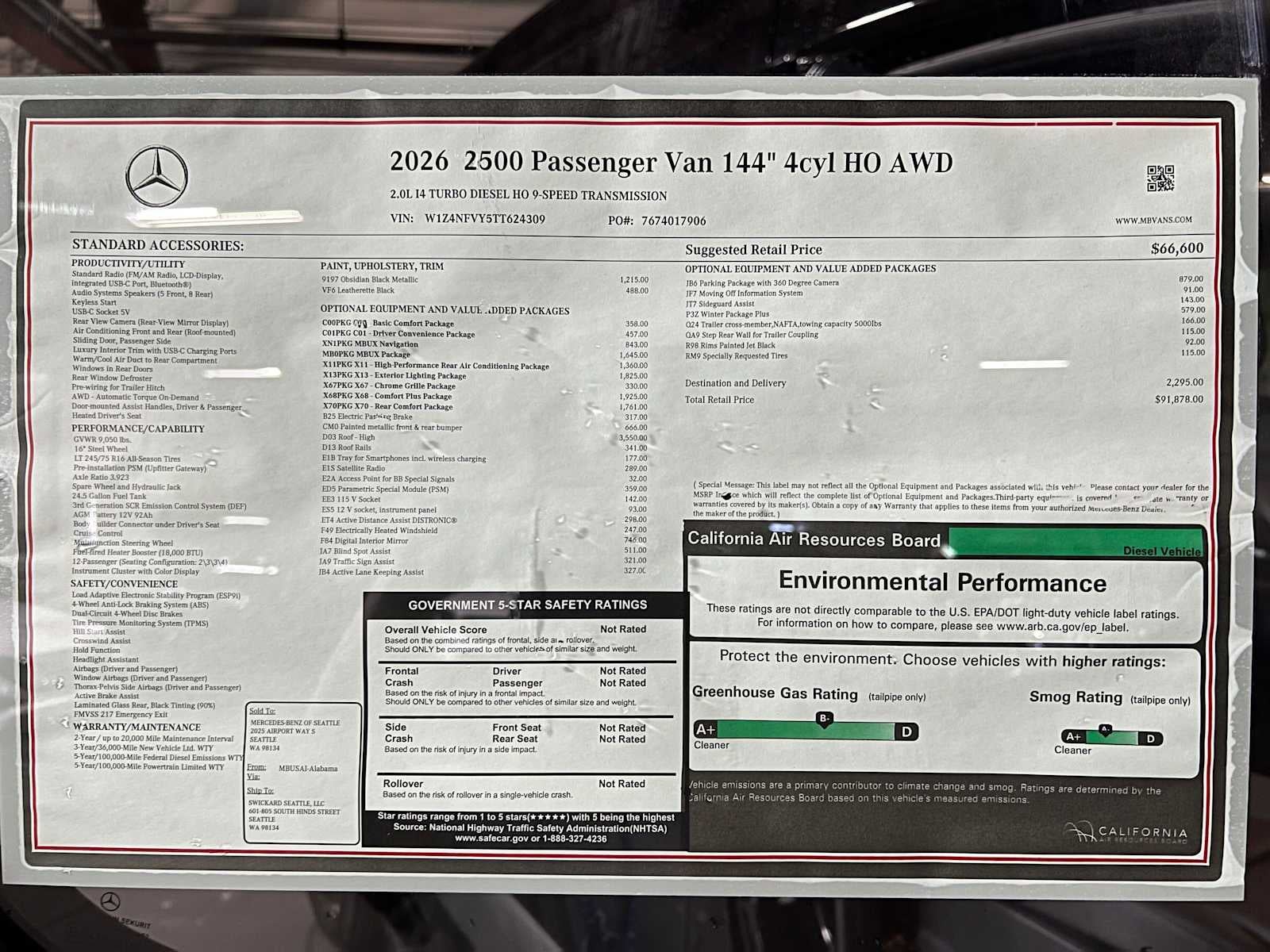 2026 Mercedes-Benz Sprinter Passenger Van 2500 Standard Roof I4 Diesel HO 144 AWD