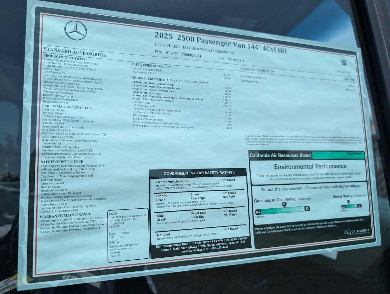 2025 Mercedes-Benz Sprinter Passenger Van 2500 Standard Roof I4 Diesel HO 144 RWD